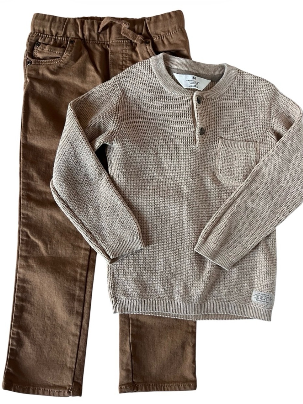 H&M Beige Knit Henley Sweater with Carter’s Brown Pants